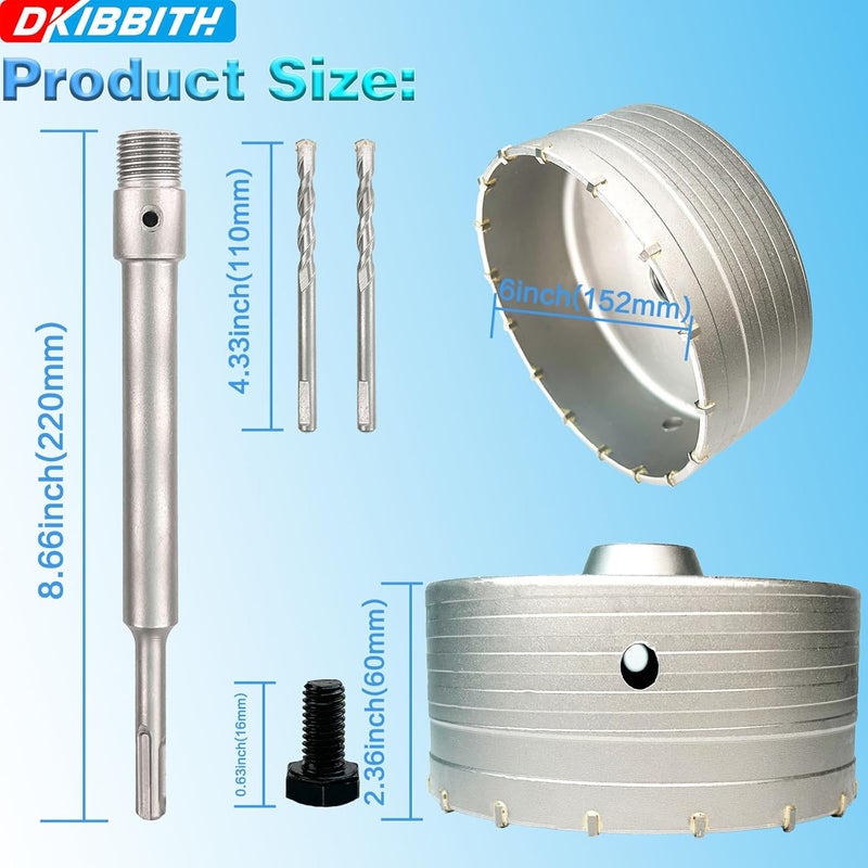 DKIBBITH 6" Concrete Hole Saw, 152mm Tungsten Steel Core Bit for Cinder Block, Brick, Rock, Plank Walls for Pipes or mini Split Lines, with SDS Plus Shank and 2 Center Positioning Drill Bits. - Image 2